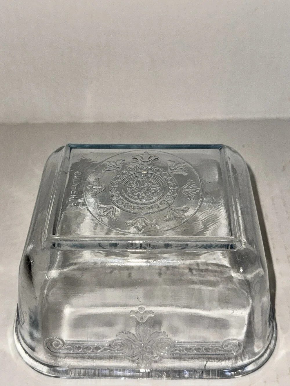 Vintage Blue Tint Glass Refrigerator Dish Embossed Floral Scroll No Lid